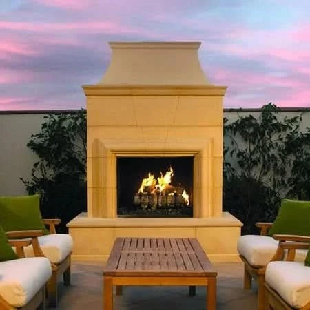 American Fyre Designs 95 Inch Vented Free-Standing Outdoor Cordova Fireplace, 16 Inch Rectangle Bullnose, No Recess, Smoke, Key Value on the LEFT/Gas Source UNDERNEATH- 022-20-N-SM-LUC