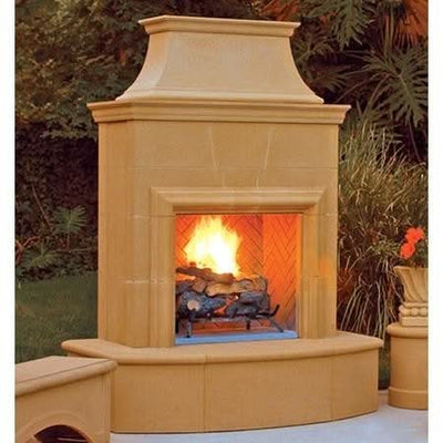 American Fyre Designs 84 Inch Vented Free-Standing Outdoor Petite Cordova Fireplace, 16 Inch Radiused Bullnose, No Recess, Cafe Blanco, Key Value on the RIGHT/Gas Source UNDERNEATH- 025-01-N-CB-RUC