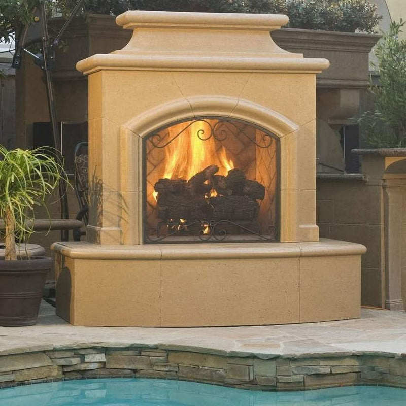 American Fyre Designs 67 Inch Vented Free-Standing Outdoor Mariposa Fireplace, 137 Inch Extended Bullnose, No Recess, Cafe Blanco, Key Value on the LEFT/Gas Source out the BACK- 073-06-N-CB-LBC