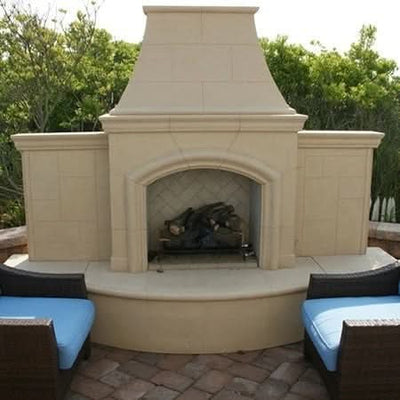 American Fyre Designs 87 Inch Vent-Free Free-Standing Outdoor Grand Phoenix Fireplace with Extended Bullnose Hearth, No Recess, Cafe Blanco, Key Value on the RIGHT/Gas Source out the BACK- 118-05-N-CB-RBC