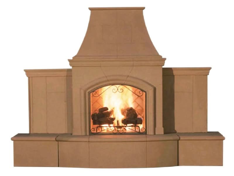 American Fyre Designs 87 Inch Vent-Free Free-Standing Outdoor Grand Phoenix Fireplace with Extended Bullnose Hearth, Hearth Only, Cafe Blanco, Key Value on the RIGHT/Gas Source UNDERNEATH- 118-05-H-CB-RUC