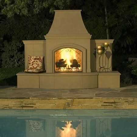 American Fyre Designs 87 Inch Vent-Free Free-Standing Outdoor Grand Phoenix Fireplace with Extended Bullnose Hearth, No Recess, Cafe Blanco, Key Value on the RIGHT/Gas Source out the BACK- 118-05-N-CB-RBC