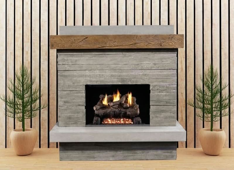 American Fyre Designs 68 1/2 Inch Vent-Free Wall Mount Outdoor Brooklyn Fireplace, Silver Pine, Key Value on the RIGHT/Gas Source out the BACK- 150-CG-N-SP-RBC