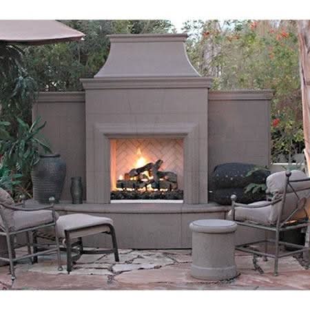 American Fyre Designs 84 3/4 Inch Vent-Free Free-Standing Outdoor Grand Petite Cordova Fireplace with Extended Bullnose Hearth, No Recess, Cafe Blanco, Key Value on the LEFT/Gas Source out the BACK- 165-10-N-CB-LBC