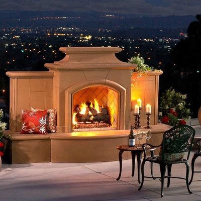 American Fyre Designs 67 Inch Vent-Free Free-Standing Outdoor Grand Mariposa Fireplace with Extended Bullnose Hearth, No Recess, Cafe Blanco, Key Value on the LEFT/Gas Source out the BACK- 168-05-N-CB-LBC