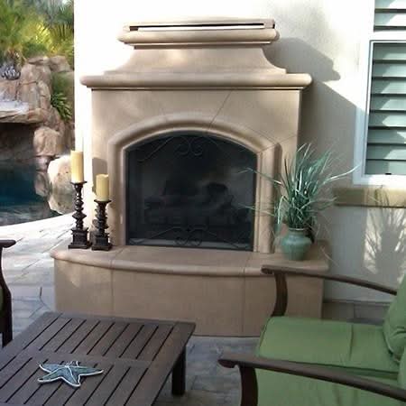 American Fyre Designs 67 Inch Vent-Free Free-Standing Outdoor Mariposa Fireplace, 16 Inch Rectangle Bullnose, No Recess, Cafe Blanco, Key Value on the RIGHT/Gas Source out the BACK- 173-02-N-CB-RBC