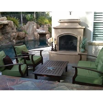 American Fyre Designs 67 Inch Vent-Free Free-Standing Outdoor Mariposa Fireplace, 16 Inch Rectangle Bullnose, No Recess, Cafe Blanco, Key Value on the RIGHT/Gas Source out the BACK- 173-02-N-CB-RBC