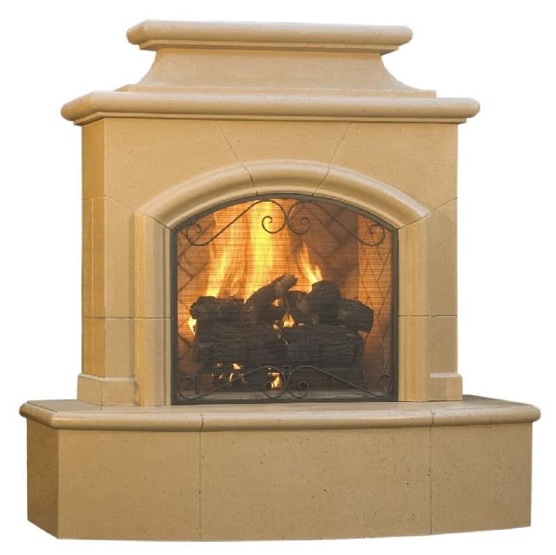American Fyre Designs 67 Inch Vent-Free Free-Standing Outdoor Mariposa Fireplace, 16 Inch Rectangle Bullnose, Hearth and Body, Cafe Blanco, Key Value on the RIGHT/Gas Source UNDERNEATH- 173-02-A-CB-RUC