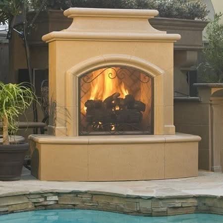American Fyre Designs 67 Inch Vent-Free Free-Standing Outdoor Mariposa Fireplace, 137 Inch Extended Bullnose, No Recess, Cafe Blanco, Key Value on the LEFT/Gas Source out the BACK- 173-06-N-CB-LBC