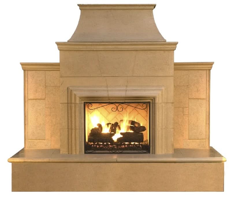American Fyre Designs 95 Inch Vented Free-Standing Outdoor Grand Cordova Fireplace with Rectangle Extended Bullnose Hearth, Hearth Only, Cafe Blanco, Key Value on the RIGHT/Gas Source out the BACK- 882-35-H-CB-RBC