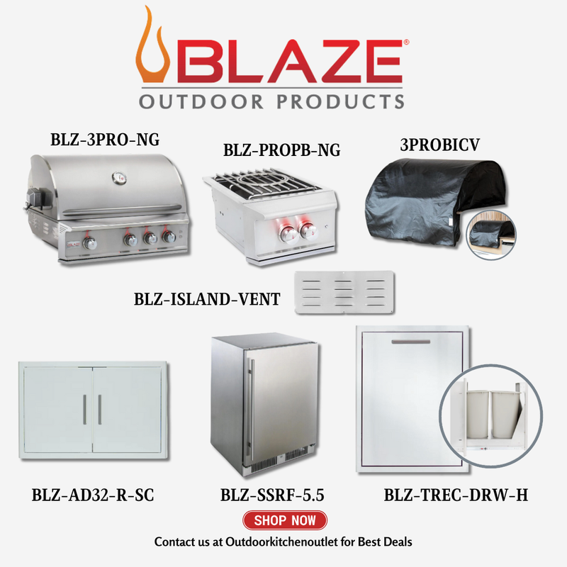 Blaze Outdoor Premium Package LTE 34-inch 3 Burner Grill with Cover, Trash Drawer, Stainless Steel Door and Refrigerator NG