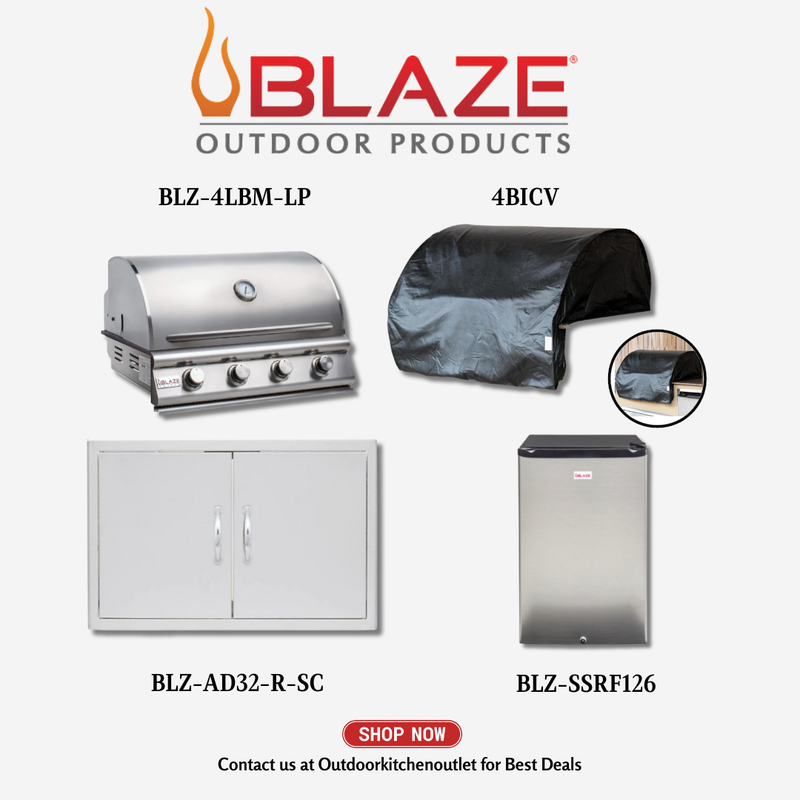 Blaze Outdoor Standard Package Prelude 32-inch 4 Burner Grill with Cover, Stainless Steel Access Door and Refrigerator LP