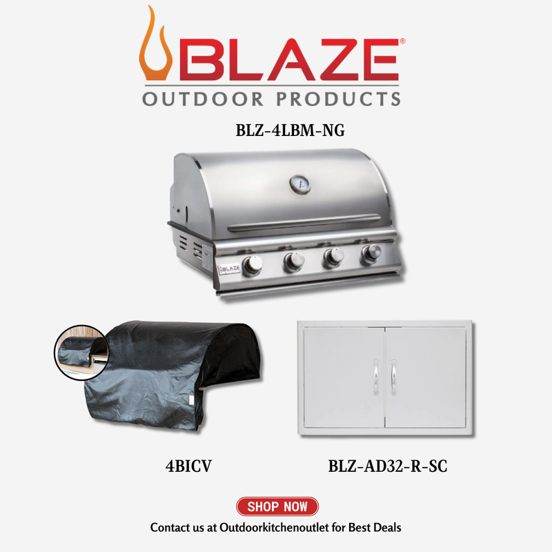 Blaze Outdoor Basic Package Prelude LBM 4 Burner 32 inch Grill with Cover and Stainless Steel Access Door NG