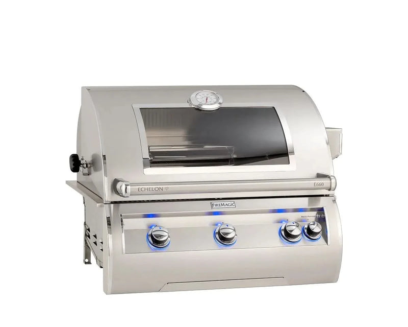 Fire Magic Echelon Diamond E660i 30-Inch Propane Gas Built-In Grill with Backburner, Rotisserie Kit, Magic View Window and Analog Thermometer - E660I-8EAP-W