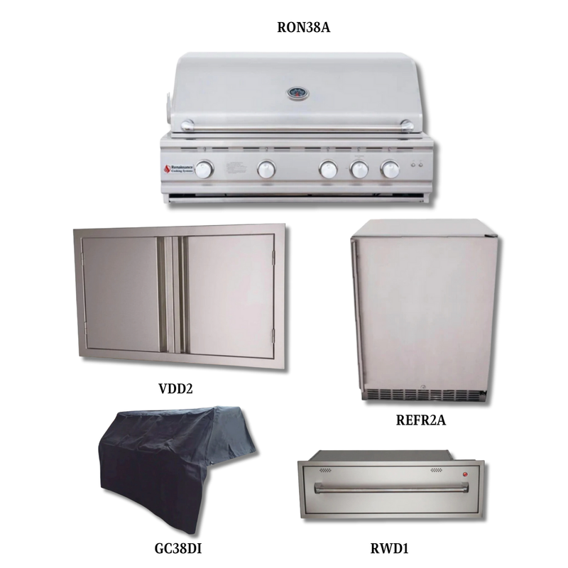 RCS Cutlass Pro RON38 NG with Stainless Double Door, Cover, Outdoor Warming Drawer and Outdoor Rated Stainless Steel Compact Refrigerator - RON38A-PCKG3
