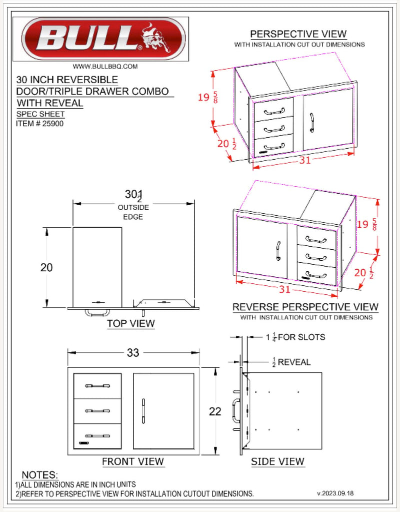 Bull 30" 3 Drawer Door Combo w/ Reveal - 25900