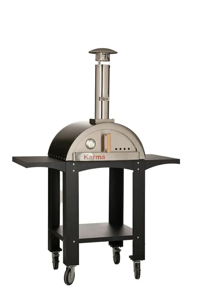 WPPO - Karma 25 inch Wood Fired Outdoor Pizza Oven in Black w/ Black Stand on 4 Casters and Side Shelf - WKK-01S-WS-Black