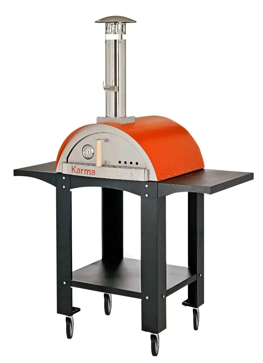 WPPO - Karma 25 inch Wood Fired Outdoor Pizza Oven in Orange w/ Black Stand on 4 Casters and Side Shelf - WKK-01S-WS-Orange