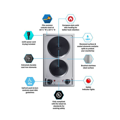 Summit - 12 Wide 115V 2-Burner Solid Disk Cooktop - CSD2B115