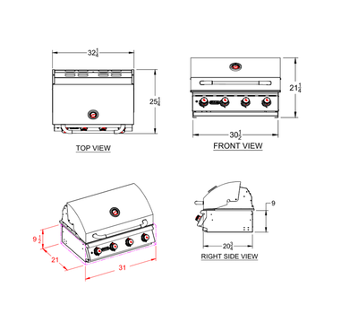 Grandeur Essential 32-inch Built-In 4 Burner Stainless Steel Bbq Grill with Interior Lights - 32BBQEssential
