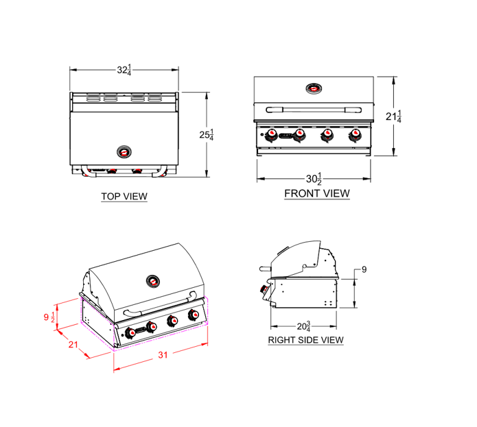 Grandeur Essential 32-inch Built-In 4 Burner Stainless Steel Bbq Grill with Interior Lights - 32BBQEssential