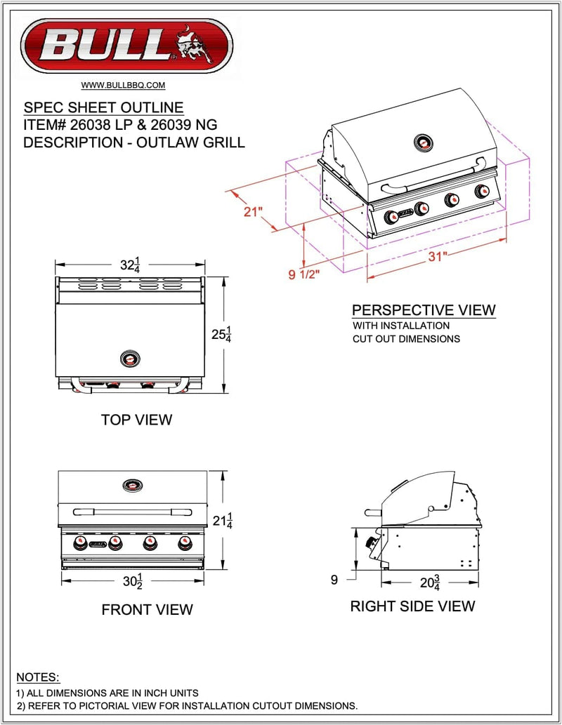 Bull Outlaw 30-Inch 4-Burner Built-In Natural Gas Grills Open Box- 26039-OB