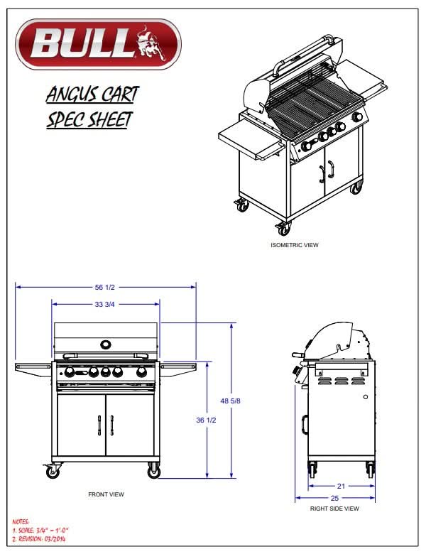 Bull Angus - 30-Inch 4-Burner Freestanding Grill Cart - Liquid Propane Gas with Lights - 44000