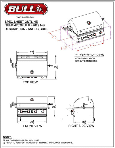 Bull Angus 30 Inch 4 Burner Built In NG Grills With Rotisserie Open Box- 47629-OB