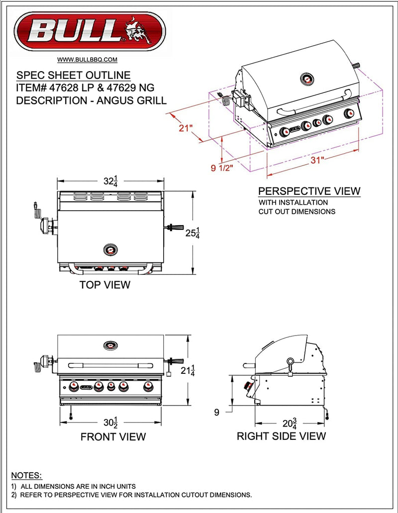 Bull Angus 30 Inch 4 Burner Built In NG Grills With Rotisserie Open Box- 47629-OB