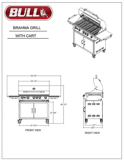 Bull Brahma - 38-Inch 5-Burner Freestanding Grill Cart - Liquid Propane Gas with Rear Infrared Burner - 55000