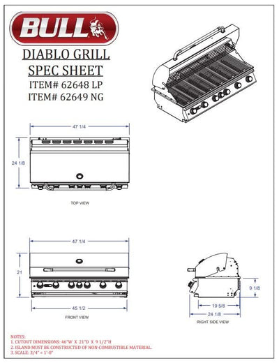 Bull Diablo - 46-Inch 6-Burner Built-In Grill - Natural Gas with Rotisserie - 62649
