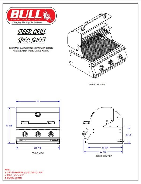 Bull Steer Premium - 25-Inch 3-Burner Built-In Grill Open Box- Natural Gas - 69009-OB1
