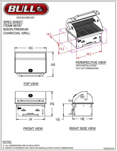 Bull Bison Premium - 30-Inch Built-In Grill - Drop In Charcoal - 88787