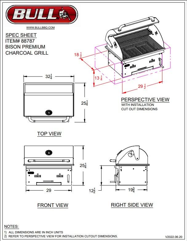 Bull Bison Premium - 30-Inch Built-In Grill - Drop In Charcoal - 88787