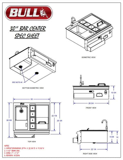 Bull 30-Inch Stainless Steel Slide-In Bar Center W/ Ice Chest & Sink - 97623