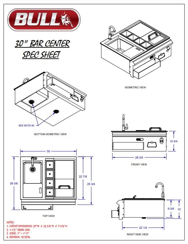 Bull 30-Inch Stainless Steel Slide-In Bar Center W/ Ice Chest & Sink - 97623