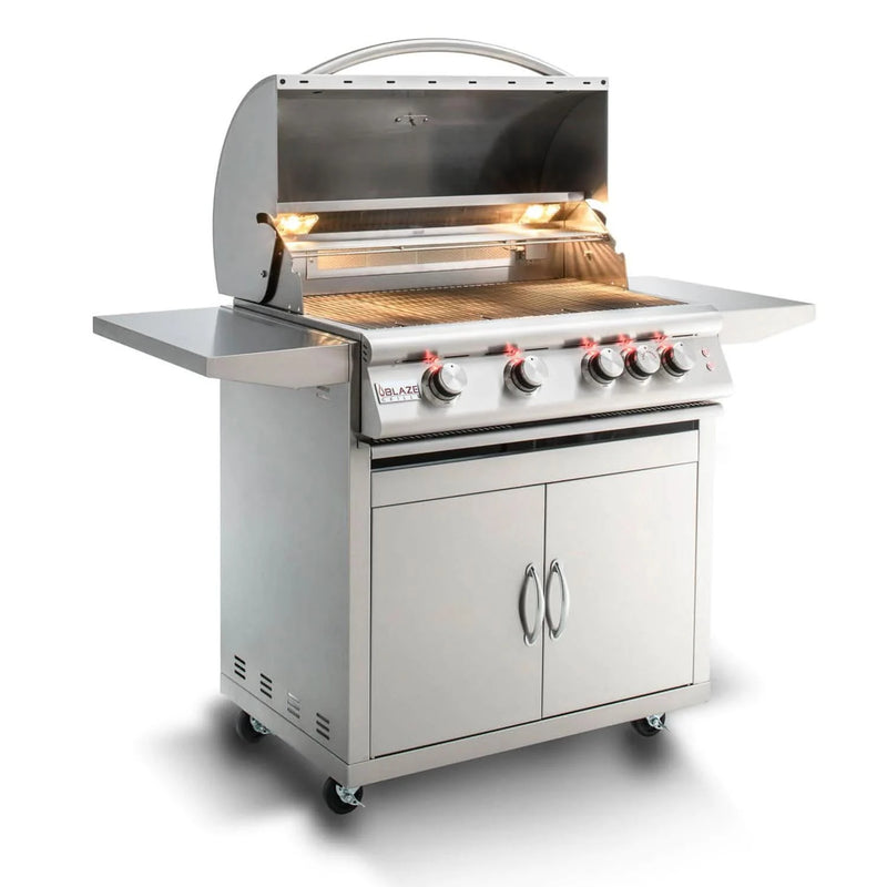 Blaze Premium LTE - 32-Inch 4-Burner Freestanding Grill - Liquid Propane Gas with Rear Infrared Burner & Grill Lights - BLZ-4LTE2-LP + BLZ-4-CART-SC