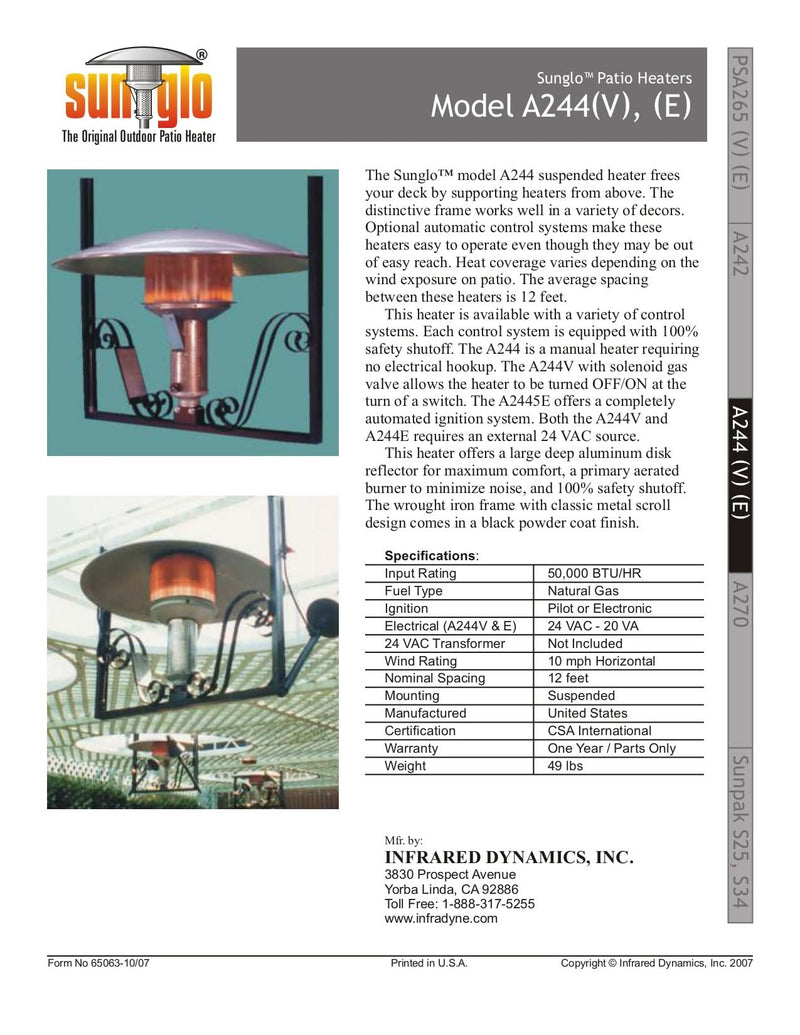 Sunglo Hanging Patio Heater with Electronic Ignition - A244VE