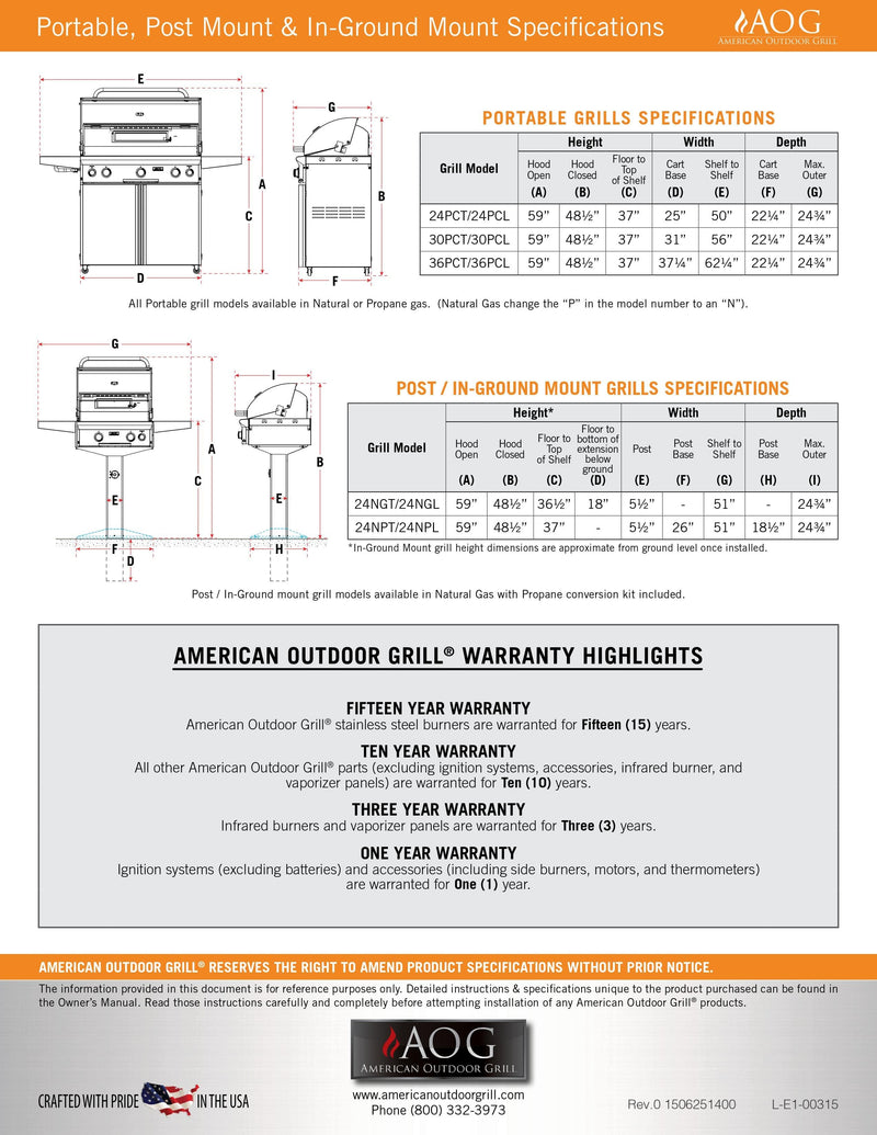 American Outdoor Grill L-Series - 36-Inch 3-Burner Portable Grill with Rotisserie and Single Side Burner - Liquid Propane Gas - AOG36PCL