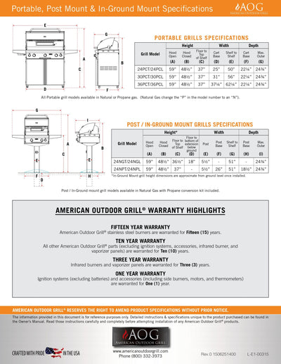 American Outdoor Grill L-Series - 24-Inch 2-Burner Freestanding Grill with Rotisserie on In-Ground Post - Natural Gas Grill - AOG24NGL