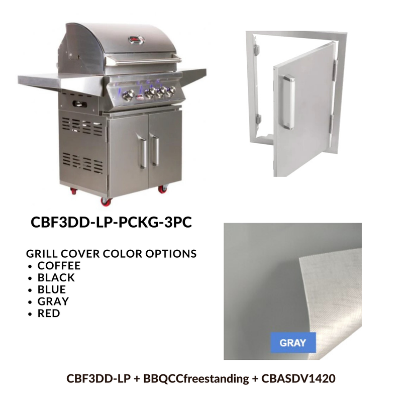 Whistler Basic Package 3 burner Freestanding Double Door Cart Gas Grill with Stainless Steel Access door and Custom Grill cover with 5 year warranty LP