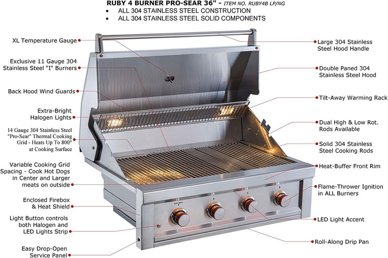 Sunstone Ruby - 36-Inch 4-Burner Built-In Grill with Pro Sear - Liquid Propane Gas - RUBY4B-LP