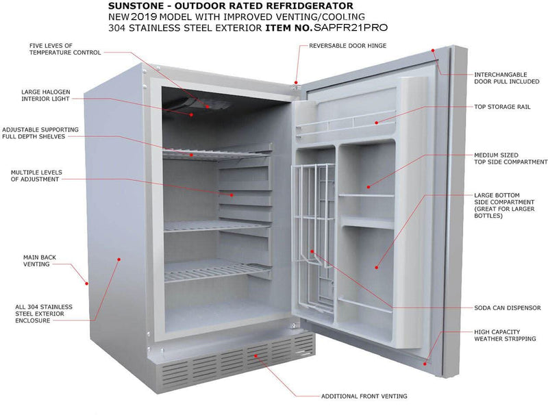 Sunstone 21 Stainless Steel Outdoor Rated Refrigerator - SAPFR21PRO