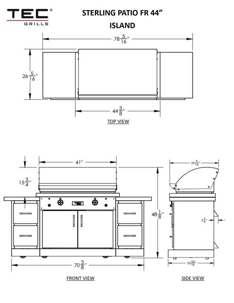 TEC Sterling Patio FR - 44-Inch 2-Burner Infrared Grill - Liquid Propane Gas on Stainless Steel Island - STPFR2LPISL