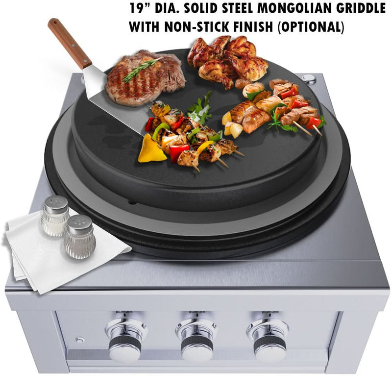 Sunstone 19 DIA. Solid Steel Flat Top Griddle w/non Stick Finish & Powder Coated Oil Pan - SUN24PCB-GRIDDLE