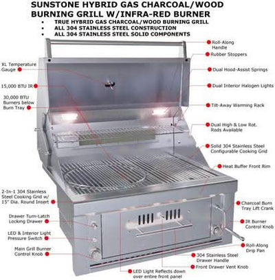 Sunstone - 30-Inch 3-Burner Built-In Grill Hybrid - Liquid Propane Gas - SUNCHSZ30IR-LP