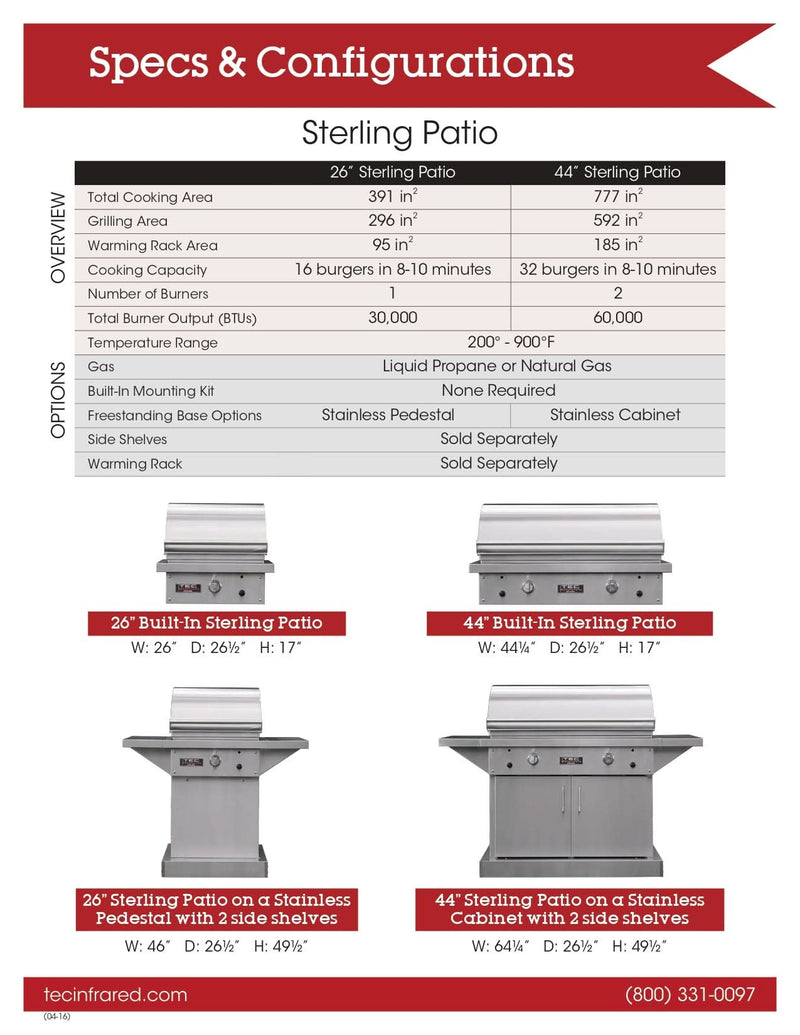 TEC Sterling Patio FR - 26-Inch 1-Burner Freestanding Infrared Grill - Liquid Propane Gas - STPFR1LPPED