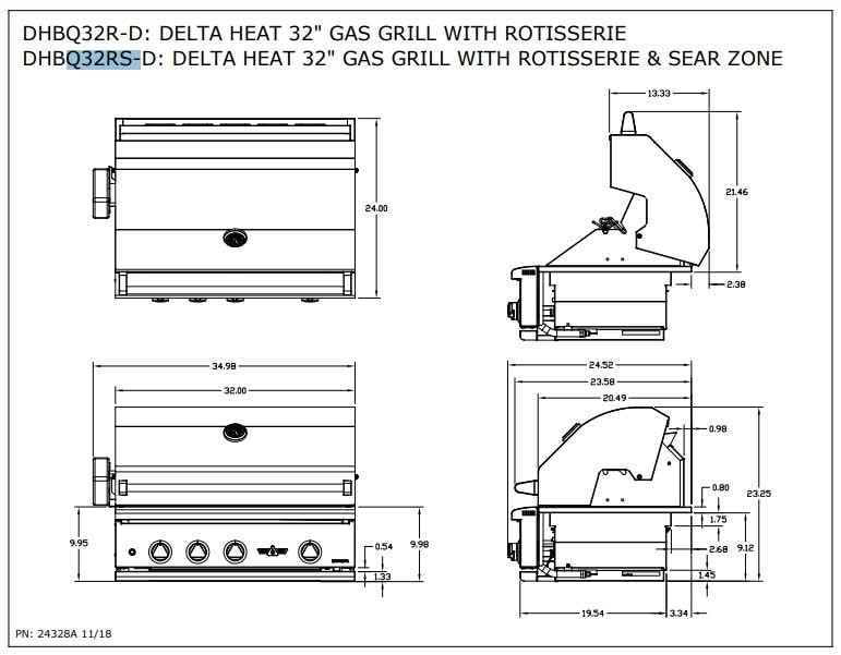 Delta Heat - 32-Inch 3-Burner Built-In Grill with Sear Zone and Infrared Rotisserie Burner - Natural Gas - DHBQ32RS-DN